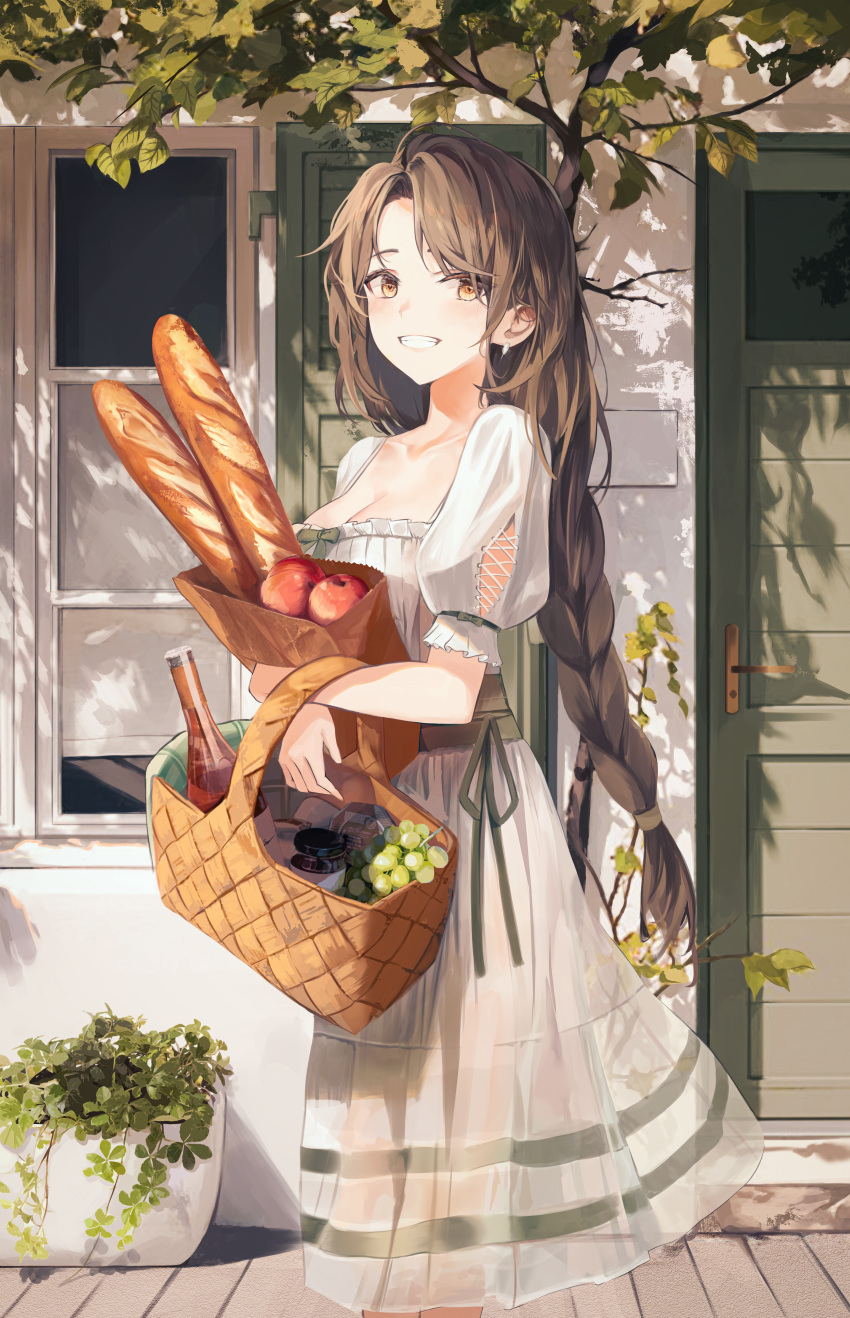 1girl absurdres apple bag basket blush bottle bread brown_eyes brown_hair collarbone door dress earrings feet_out_of_frame food fruit grapes grin highres holding holding_basket jewelry leaf long_hair looking_at_viewer original paper_bag plant potted_plant see-through see-through_dress short_sleeves sion_(im10042m) smile solo tree white_dress