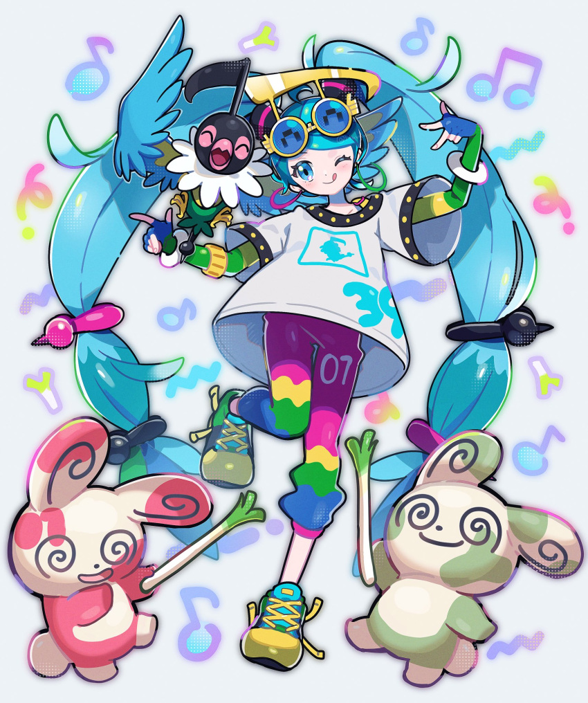 1girl :q aqua_hair beamed_eighth_notes bird blue_eyes chatot closed_eyes commentary earrings eighth_note eyewear_on_head fingerless_gloves fuinagi_(huyuu_mm) gloves hatsune_miku highres jewelry long_hair looking_at_viewer multicolored_pants musical_note normal_miku_(project_voltage) one_eye_closed pants pokemon pokemon_(creature) project_voltage shirt shoes smile sneakers spinda spring_onion standing standing_on_one_leg sunglasses tongue tongue_out twintails very_long_hair vocaloid white_shirt