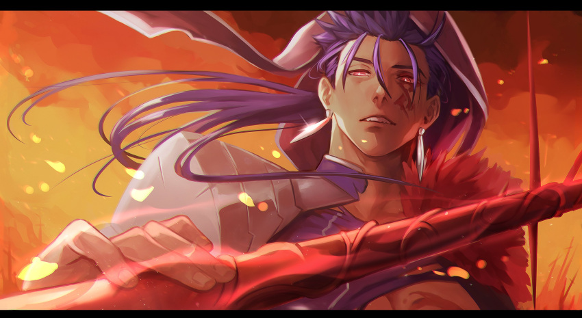 1boy absurdres armor bright_pupils broken_armor cu_chulainn_(fate) earrings embers english_commentary facial_mark fate/grand_order fate_(series) fingernails glint gravesecrets highres holding holding_polearm holding_weapon hood jewelry long_hair male_focus mature_male orange_background pectorals polearm purple_hair red_eyes shoulder_armor solo upper_body weapon white_hood white_pupils
