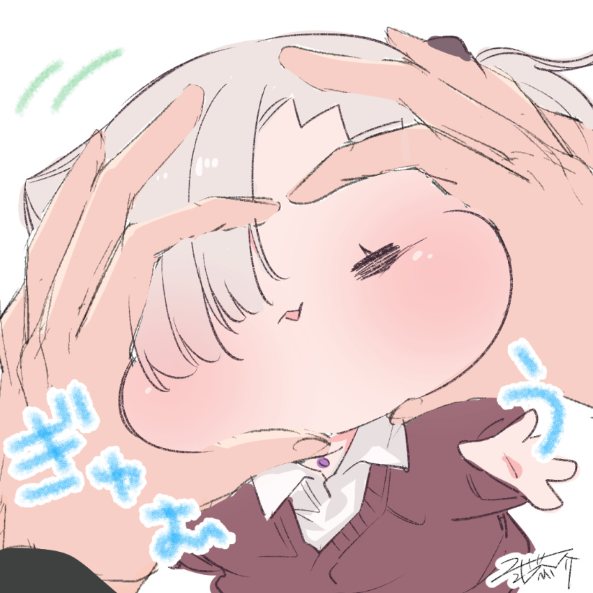 1girl 1other black_scrunchie blush brown_cardigan cardigan chibi closed_eyes facing_viewer grey_hair hair_ornament hair_over_one_eye hair_scrunchie ishikawa_luna long_sleeves motion_lines nikki_kyousuke original parted_lips puffy_long_sleeves puffy_sleeves scrunchie side_ponytail signature simple_background snoot_challenge white_background