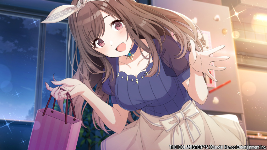 1girl :d absurdres bag blue_choker blue_shirt blurry blurry_background blush bokeh bow bow_hairband breasts brown_hair choker clouds collarbone commentary_request cowboy_shot depth_of_field game_cg hair_bow hairband highres holding holding_bag idolmaster idolmaster_shiny_colors indoors large_breasts leaning_forward light_particles long_hair looking_at_viewer night official_art open_mouth outstretched_hand pink_eyes plant potted_plant puffy_short_sleeves puffy_sleeves refrigerator see-through see-through_sleeves shirt short_sleeves sidelocks skirt smile solo sparkle tsukioka_kogane waist_bow window yellow_skirt