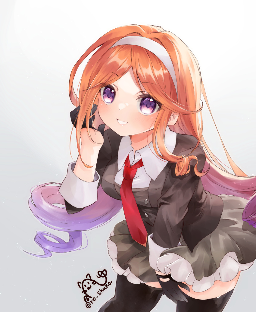 1girl absurdres asymmetrical_sidelocks black_gloves black_jacket black_thighhighs breasts collared_shirt drill_hair gloves gradient_hair grey_background grey_skirt hairband highres jacket kantai_collection large_breasts long_hair long_sleeves looking_at_viewer multicolored_hair necktie nekomoto orange_hair parted_bangs pleated_skirt purple_hair red_necktie shirt simple_background skirt smile solo thigh-highs twitter_username violet_eyes white_hairband white_shirt yuugure_(kancolle)