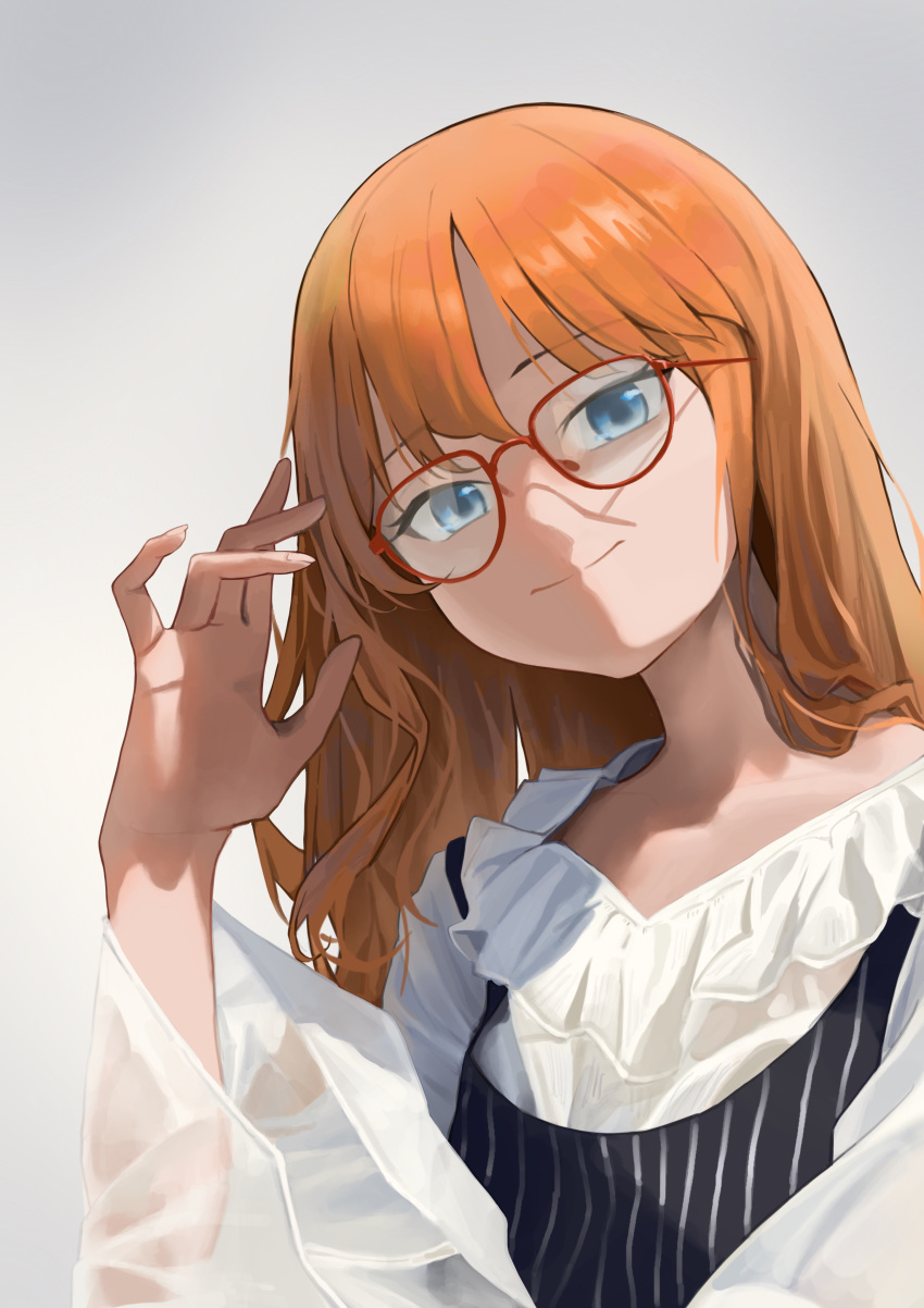 1girl absurdres blue_eyes closed_mouth commentary_request frilled_shirt frilled_shirt_collar frilled_sleeves frills glasses grey_background hair_between_eyes hand_up highres long_hair long_sleeves looking_at_viewer momaetoto orange_hair original red-framed_eyewear see-through see-through_shirt see-through_sleeves shirt simple_background smile solo white_shirt wide_sleeves