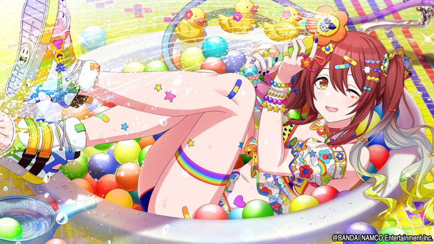 1girl ball bandaid bikini brown_hair commentary_request detached_sleeves hair_ornament hairclip highres holding holding_hose hose idolmaster idolmaster_shiny_colors long_hair looking_at_viewer official_art one_eye_closed open_mouth osaki_tenka shoes sneakers solo swimsuit wading_pool water wet yellow_eyes