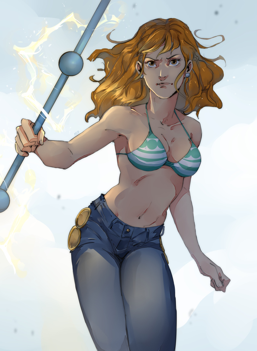 1girl absurdres bikini bikini_top_only blue_pants closed_mouth collarbone denim earrings highres holding holding_polearm holding_weapon jeans jewelry log_pose long_hair mishailla nami_(one_piece) navel one_piece orange_hair pants pearl_earrings polearm solo standing swimsuit weapon