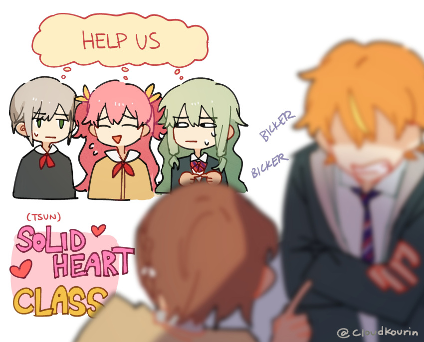 1boy 4girls :| absurdres blonde_hair blurry blurry_foreground brother_and_sister brown_hair closed_eyes closed_mouth cloudkourin commentary crossed_arms diagonal-striped_bowtie diagonal-striped_necktie english_commentary english_text green_eyes grey_hair heart highres hinomori_shiho index_finger_raised jacket kamiyama_high_school_uniform_(project_sekai) kusanagi_nene long_hair low_tied_sidelocks miyamasuzaka_girls'_academy_school_uniform momoi_airi multicolored_hair multiple_girls open_clothes open_jacket open_mouth orange_hair pink_hair project_sekai school_uniform shinonome_akito shinonome_ena short_hair short_twintails siblings streaked_hair teeth twintails twitter_username two-tone_hair upper_body
