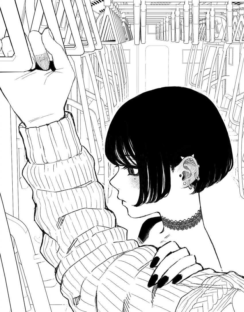 1boy 1girl black_hair blush brother_and_sister choker commentary_request ear_piercing earrings greyscale haioku_colonel highres indoors industrial_piercing jewelry long_sleeves monochrome nail_polish original piercing short_hair siblings standing train_interior