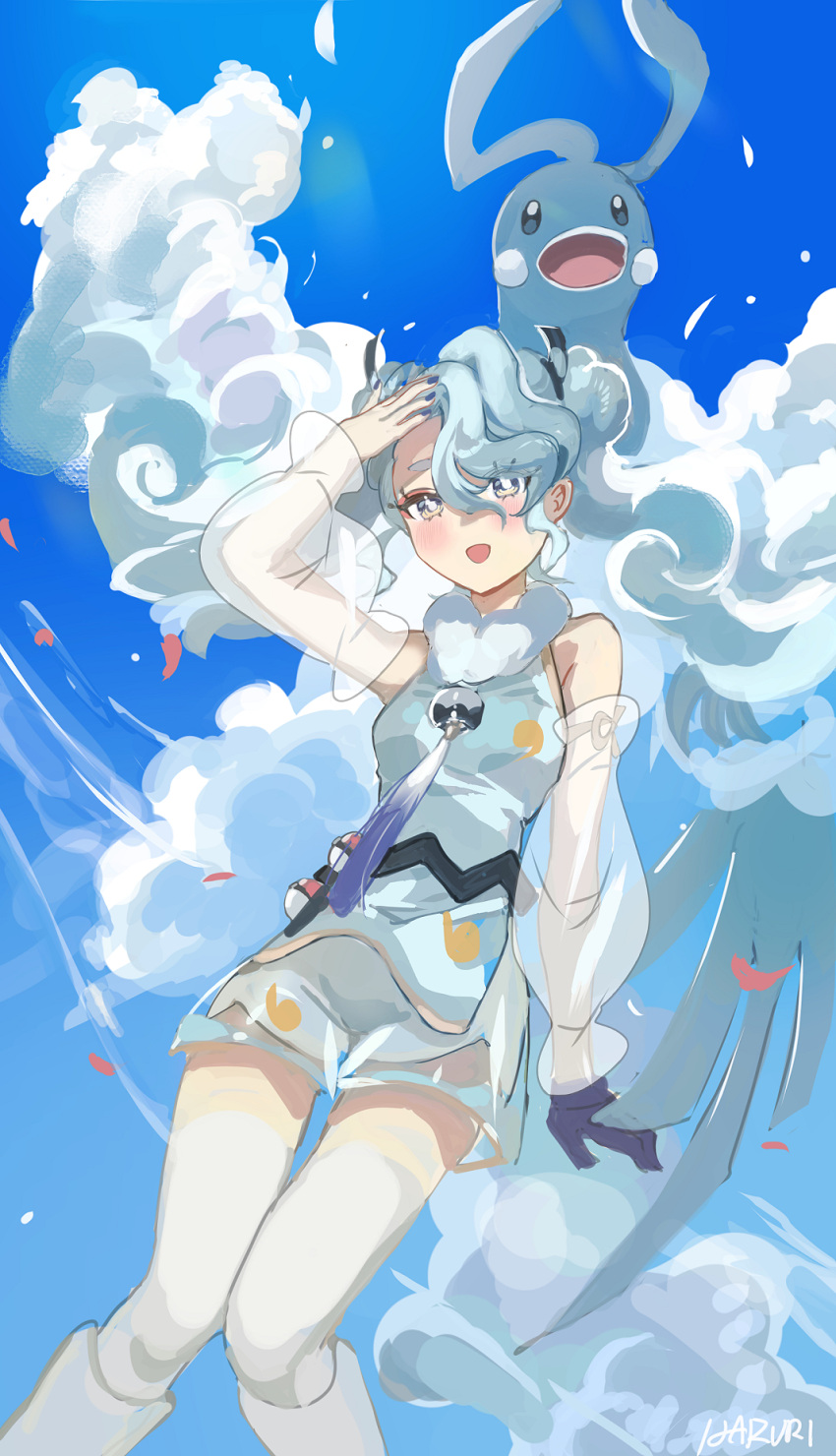 1girl :d altaria arm_up bare_shoulders blue_dress blue_gloves blue_nails blue_sky blush clouds commentary crossover day detached_sleeves dress feet_out_of_frame flying_miku_(project_voltage) gloves grey_hair hair_between_eyes haruri hatsune_miku highres knees_together_feet_apart long_sleeves looking_at_viewer nail_polish outdoors pokemon project_voltage puffy_long_sleeves puffy_sleeves see-through see-through_sleeves short_eyebrows short_shorts shorts single_glove sky sleeveless sleeveless_dress smile thick_eyebrows vocaloid white_shorts