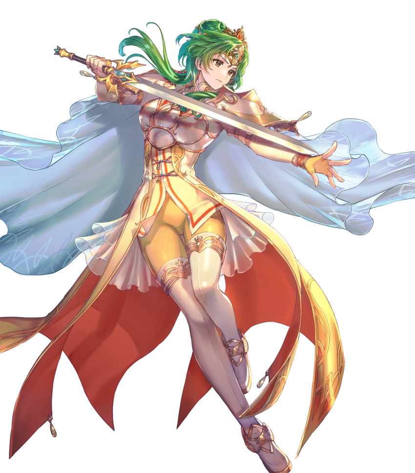 1girl armor boots breastplate brown_eyes cape closed_mouth elincia_ridell_crimea fingerless_gloves fire_emblem fire_emblem:_radiant_dawn fire_emblem_heroes fujikawa_arika full_body gloves gold_trim grey_hair hair_bun high_heel_boots high_heels highres holding holding_sword holding_weapon jewelry long_hair non-web_source official_art overskirt pants see-through shiny_clothes shoulder_armor sidelocks single_hair_bun solo sword thigh_boots tiara transparent_background weapon