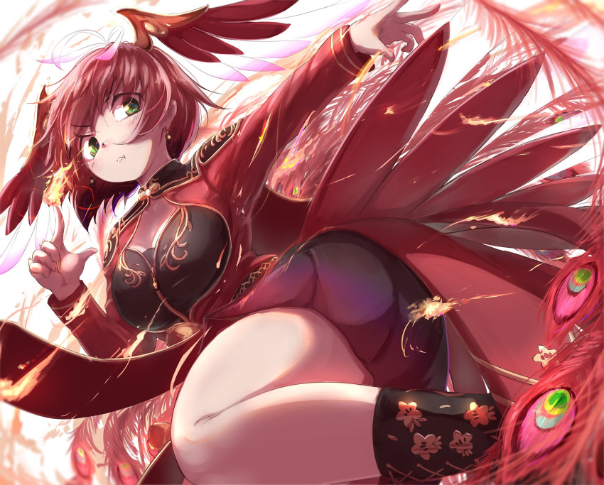 1girl bird_girl bird_tail bird_wings boots dress feathered_wings feathers fire green_eyes head_wings highres kemono_friends looking_at_viewer okyao red_dress redhead short_hair simple_background solo suzaku_(kemono_friends) tail wings