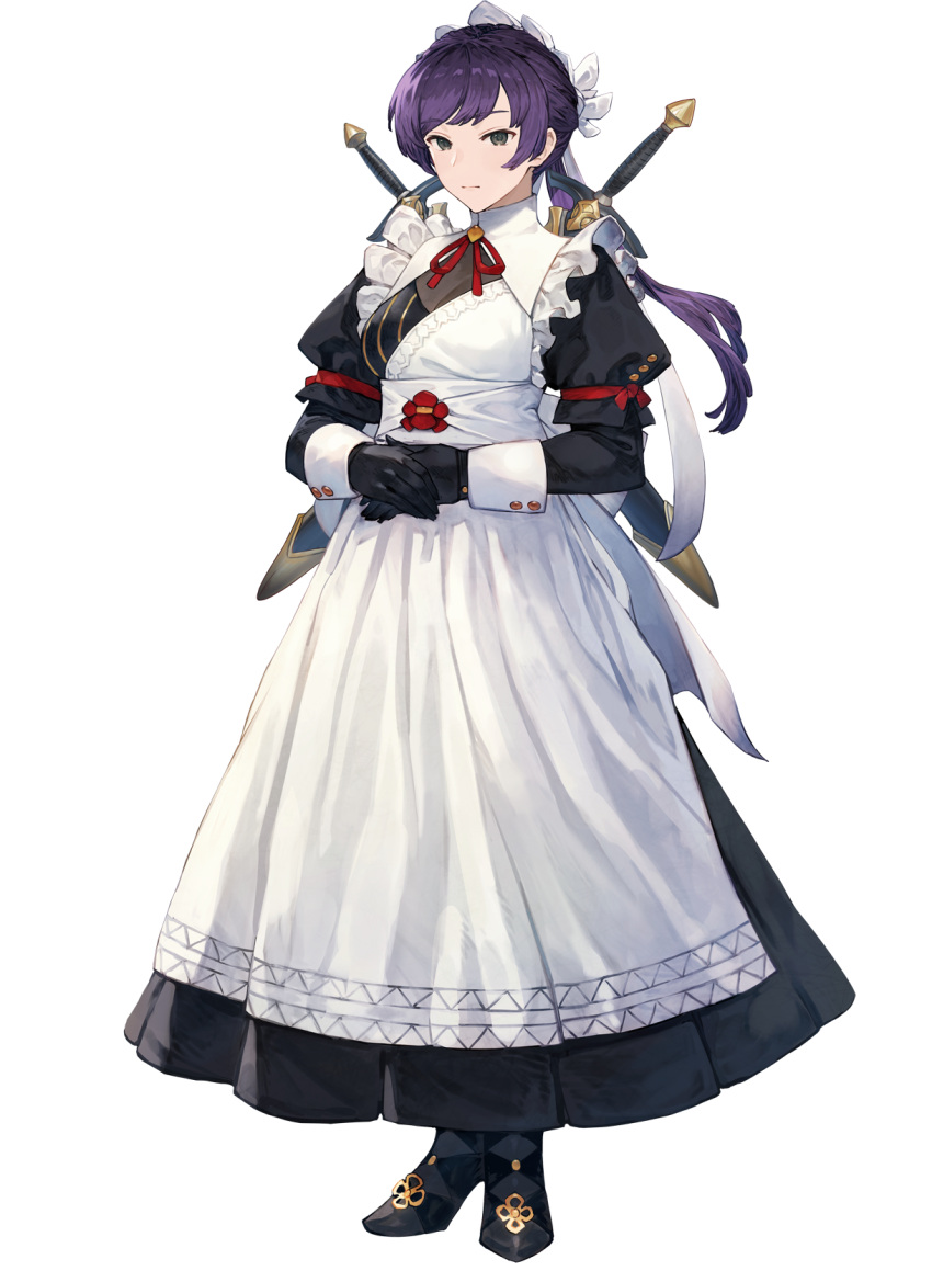 1girl apron benitama black_dress black_footwear black_gloves cleavage_cutout closed_mouth clothing_cutout collar dress frederica_(game) frilled_apron frills full_body gloves highres long_hair long_sleeves looking_at_viewer low_ponytail maid maid_headdress neck_ribbon official_art own_hands_together puffy_short_sleeves puffy_sleeves purple_hair red_ribbon ribbon rogue_(frederica) second-party_source shoes short_sleeves solo standing sword tachi-e transparent_background weapon weapon_on_back white_apron white_collar