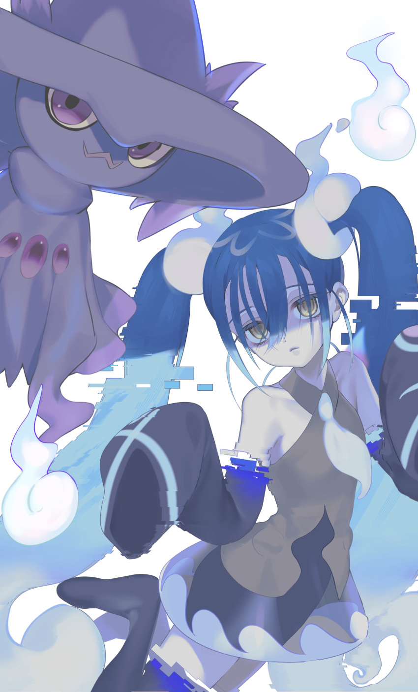 1girl absurdres black_thighhighs blue_hair closed_mouth colored_skin commentary_request crossover detached_sleeves dress ghost_miku_(project_voltage) glitch grey_dress grey_skin hair_between_eyes hands_up hatsune_miku highres long_hair looking_at_viewer mismagius necktie pokemon project_voltage sleeves_past_fingers sleeves_past_wrists thigh-highs twintails vocaloid white_background yellow_eyes yuiitsu