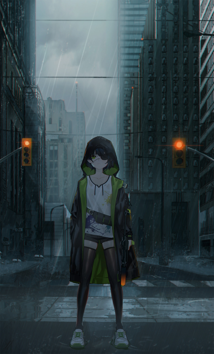 1girl bandolier black_thighhighs cityscape clouds cloudy_sky crosswalk dirty dirty_clothes eyepatch gun highres holding holding_gun holding_weapon hood hooded_jacket jacket nilzynox original rain shoes sky sneakers solo thigh-highs traffic_light water_drop weapon weapon_request