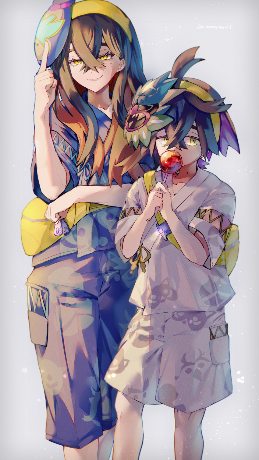 1boy 1girl absurdres ahoge backpack bag blue_shirt blue_shorts brother_and_sister candy_apple carmine_(pokemon) closed_mouth commentary_request crossed_bangs eating eyelashes fanny_pack food hair_between_eyes hairband highres holding katatsumuri_72 kieran_(pokemon) knees long_hair mask mask_on_head mole mole_under_eye pokemon pokemon_(game) pokemon_sv shirt short_sleeves shorts siblings smile standing yellow_bag yellow_eyes yellow_hairband zipper_pull_tab