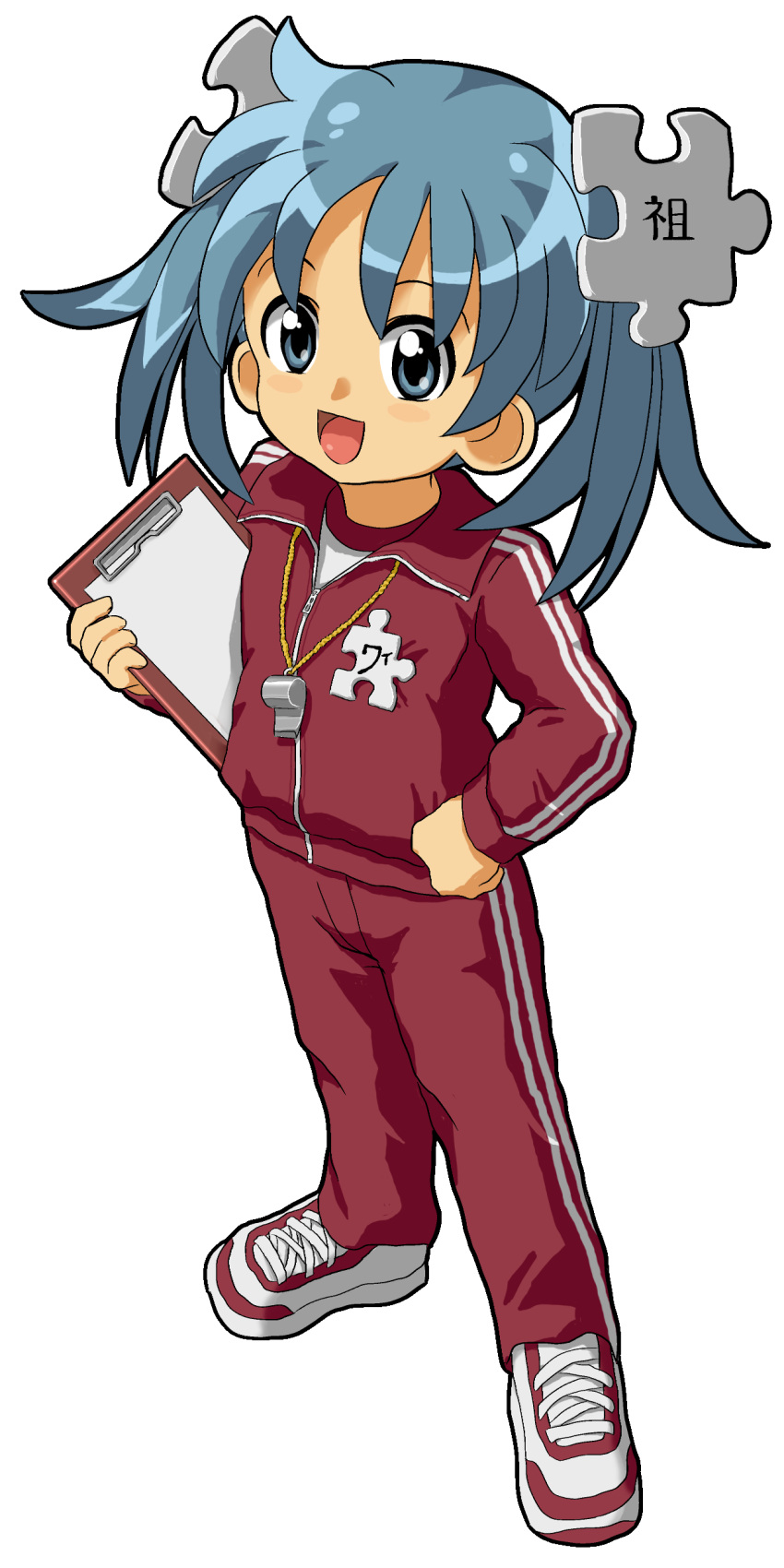 1girl absurdres blue_eyes blue_hair boots commentary english_commentary flat_chest full_body hand_on_own_hip highres holding jacket jigsaw_puzzle kasuga_(kasuga39) light_blush long_sleeves open_mouth pants puzzle red_footwear red_jacket red_pants shirt shoes simple_background solo sportswear standing track_jacket track_pants transparent_background twintails wikipe-tan wikipedia zipper