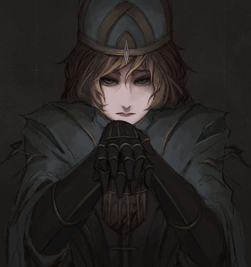 1girl black_background black_gloves blonde_hair cape closed_mouth dark_souls_(series) dark_souls_i expressionless gloves hair_between_eyes hands_up helmet highres lord's_blade_ciaran no_mask own_hands_together red_lips satsu-strive solo torn_cape torn_clothes upper_body