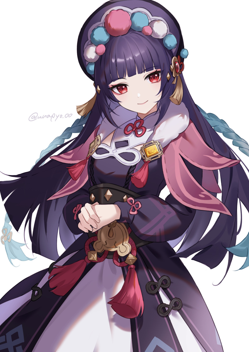 1girl blunt_bangs bonnet capelet commentary dress eyeshadow genshin_impact hat highres long_hair long_sleeves looking_at_viewer makeup pom_pom_(clothes) purple_dress purple_hair red_eyes red_eyeshadow simple_background smile solo tassel twitter_username unapoppo vision_(genshin_impact) white_background yun_jin_(genshin_impact)