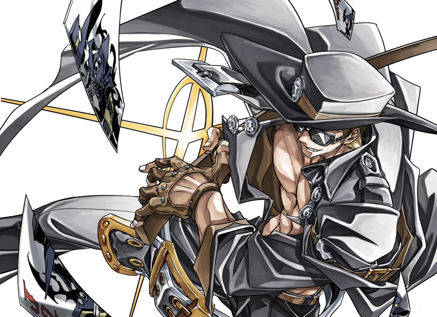 1boy abs belt black-framed_eyewear black_jacket blonde_hair brown_gloves card cowboy_hat dong_hole fighting_stance fingerless_gloves gloves grin guilty_gear guilty_gear_strive hat highres holding holding_sheath holding_sword holding_weapon jacket johnny_(guilty_gear) katana large_pectorals male_focus pectorals playing_card sheath sheathed simple_background smile solo sunglasses sword weapon white_background
