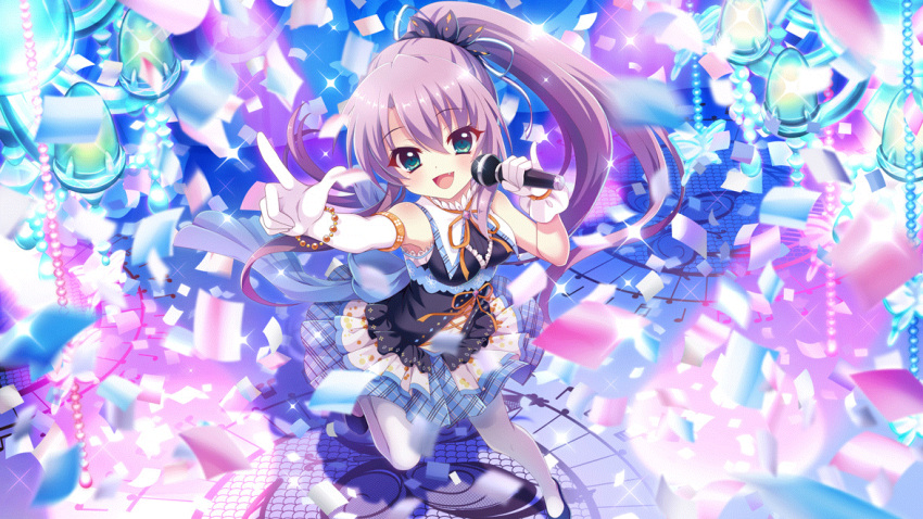1girl :stage! bare_shoulders beads black_dress black_scrunchie blue_eyes blue_footwear bracelet breasts concert confetti dot_nose dress fang film_grain game_cg gloves hair_ornament hair_ribbon hair_scrunchie high_ponytail holding holding_microphone idol idol_clothes index_finger_raised izumi_tsubasu jewelry layered_skirt leggings long_hair microphone musical_note non-web_source official_art open_mouth pinky_out purple_hair purple_ribbon ribbon scrunchie shoes skirt sleeveless sleeveless_dress small_breasts smile solo sparkle stage standing standing_on_one_leg striped striped_ribbon tsukisaka_sayu underbust white_gloves white_leggings