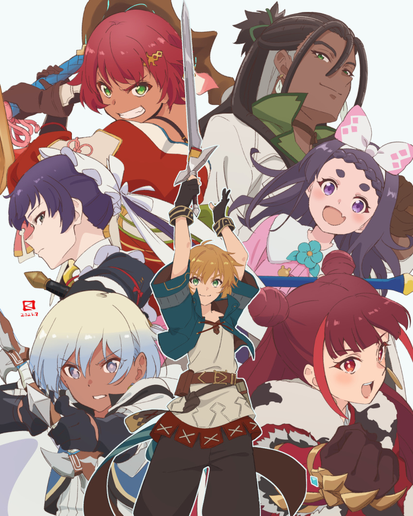 3boys 4girls :d archer_(frederica) arms_up belt belt_pouch black_gloves black_pants blonde_hair blue_flower blue_jacket bow bow_(weapon) braid braided_bangs brown_belt brown_gloves brown_hair caster_(frederica) clenched_hand closed_mouth collar commentary_request cropped_jacket dark-skinned_female dark-skinned_male dark_skin double_bun drawing_bow earrings everyone fang farmer_(frederica) fighter_(frederica) flower frederica_(game) gloves green_eyes grey_eyes grey_hair grey_shirt grin group_picture hair_between_eyes hair_bow hair_bun hair_ornament hairband half_updo high_collar highres holding holding_bow_(weapon) holding_sword holding_weapon jacket jewelry long_hair looking_at_viewer low_ponytail miyahara_takuya multicolored_hair multiple_boys multiple_girls pants pouch profile purple_hair red_eyes redhead rogue_(frederica) shirt short_hair short_sleeves skin_fang smile streaked_hair sword teeth upper_body upper_teeth_only v-shaped_eyebrows violet_eyes wanderer_(frederica) warrior_(frederica) weapon white_bow white_collar white_hairband