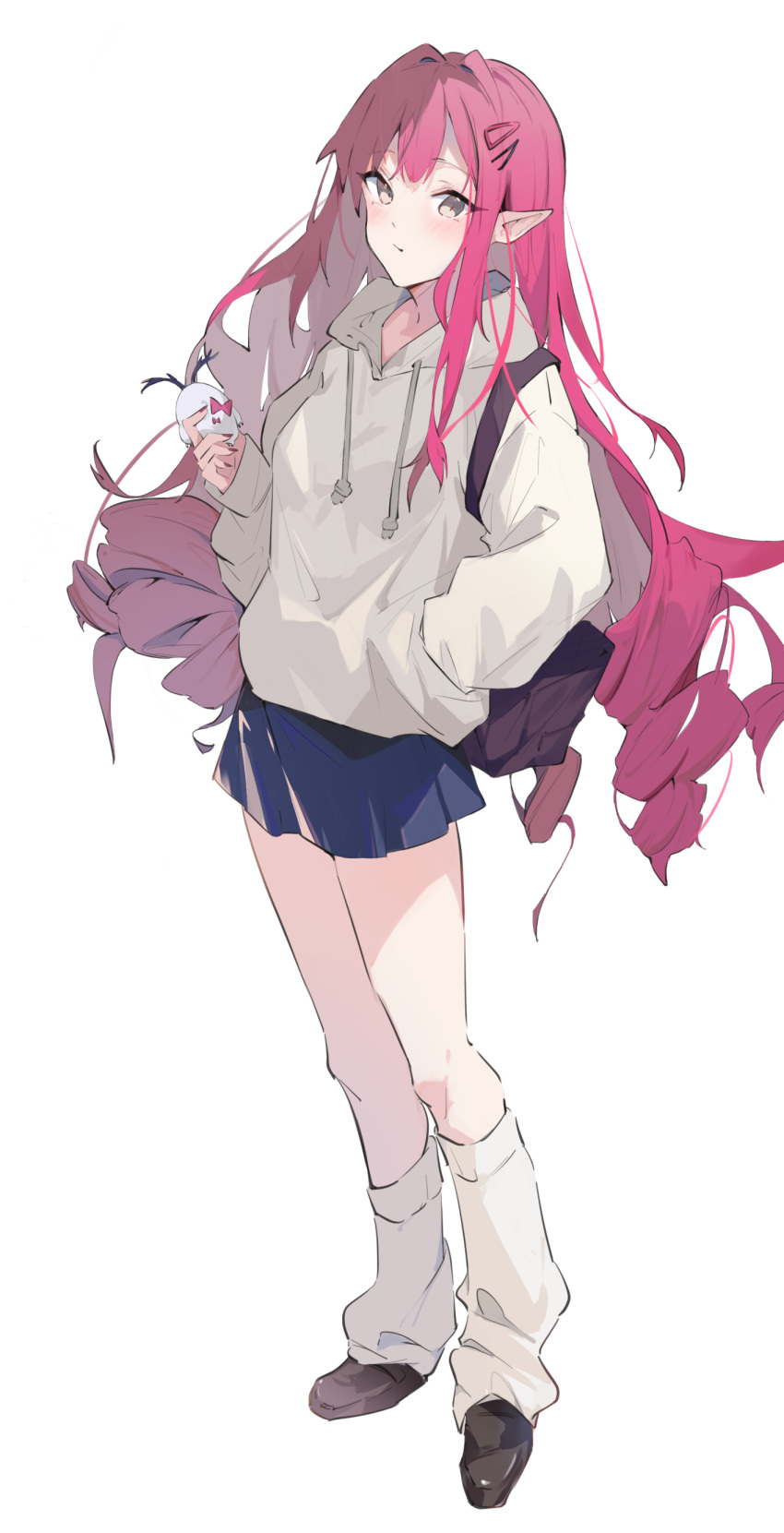 1girl absurdres bag baobhan_sith_(fate) blush cernunnos_(fate) drawstring fate/grand_order fate_(series) grey_eyes hair_ornament hand_in_pocket highres holding hood hood_down hoodie leg_warmers loafers long_hair looking_at_viewer miniskirt nail_polish pink_hair pointy_ears red_nails sai_(saipoko) shoes shoulder_bag sidelocks skirt solo stuffed_toy white_background white_hoodie