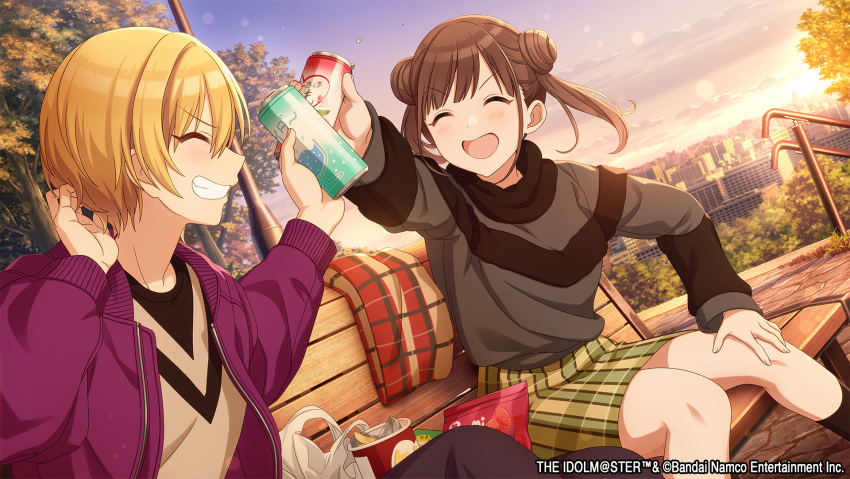 2girls bench blonde_hair brown_hair can closed_eyes commentary_request double_bun dutch_angle food grin hair_bun highres idolmaster idolmaster_shiny_colors jacket miniskirt multiple_girls official_art open_mouth outdoors park_bench plaid plaid_skirt purple_jacket saijo_juri short_hair sitting skirt smile snack sonoda_chiyoko sweater toast twilight twintails