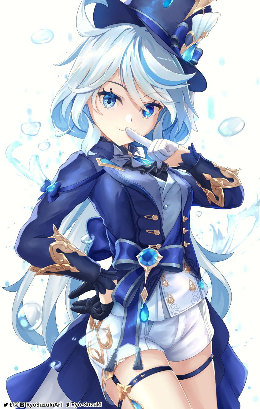 1girl absurdres ahoge artist_name asymmetrical_gloves blue_eyes blue_hair blue_headwear blue_jacket breasts cowboy_shot furina_(genshin_impact) genshin_impact gloves hand_on_own_hip hat highres index_finger_raised jacket light_blue_hair long_hair long_sleeves medium_breasts mismatched_gloves mismatched_pupils mixed-language_commentary ryo-suzuki shorts simple_background smile solo tailcoat top_hat water_drop white_background white_shorts
