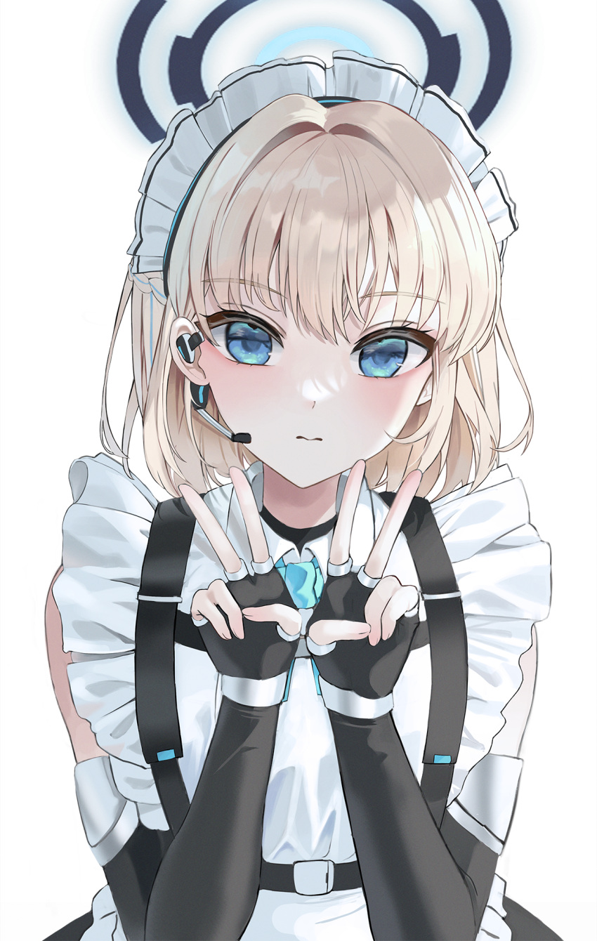 1girl apron blonde_hair blue_archive blush chest_harness chie_(user_snfh8333) double_v elbow_gloves expressionless fingerless_gloves gloves hair_intakes halo harness headset highres looking_at_viewer maid maid_apron maid_headdress simple_background solo toki_(blue_archive) upper_body v white_apron white_background