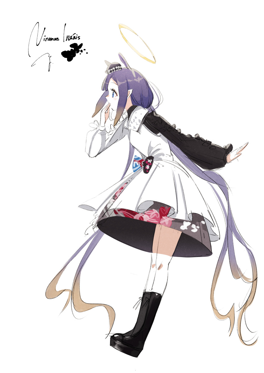 1girl absurdres black_footwear from_side full_body halo hand_to_own_mouth highres hololive hololive_english long_hair long_sleeves looking_afar ninomae_ina'nis ninomae_ina'nis_(3rd_costume) ogura_tubuan pointy_ears purple_hair simple_background sketch solo tentacle_hair violet_eyes virtual_youtuber white_background