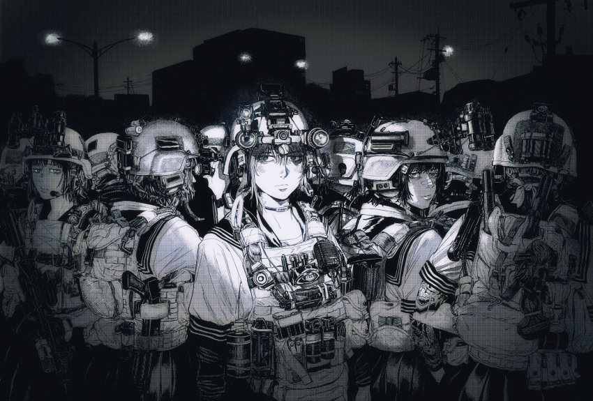 6+girls assault_rifle bandaid bandaid_on_face bandaid_on_nose closed_mouth ear_protection english_commentary explosive flare grenade gun halftone highres holding holding_gun holding_weapon load_bearing_vest looking_at_viewer migrainxxl monochrome multiple_girls night night_vision_device original pouch radio rifle school_uniform scope short_hair short_sleeves shotgun solo_focus tactical_clothes watch watch weapon