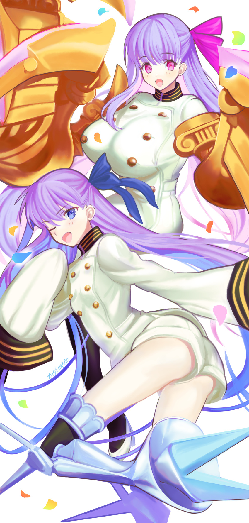 2girls absurdres blue_eyes blue_ribbon blush bow breasts buttons claw_(weapon) claws double-breasted fate/extra fate/extra_ccc fate_(series) gigantic_breasts hair_ribbon highres huge_breasts kaida_usagi long_hair long_sleeves looking_at_viewer meltryllis_(fate) military_uniform multiple_girls one_eye_closed open_mouth passionlip_(fate) pink_eyes pink_ribbon purple_hair ribbon sleeves_past_fingers sleeves_past_wrists small_breasts smile solo thighs uniform very_long_hair weapon