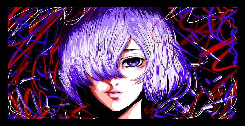 1girl absurdres black_border border closed_mouth euqarcia hair_over_one_eye highres kirishima_touka multicolored_background pink_hair portrait purple_hair smile solo tokyo_ghoul violet_eyes