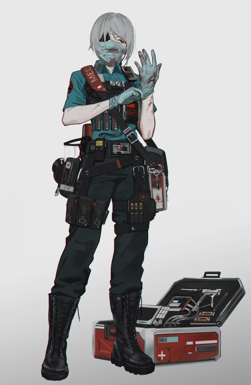 1girl absurdres blood blood_on_clothes blue_gloves blue_shirt eyepatch first_aid_kit gloves green_pants highres mask medic mouth_mask nilzynox original pants rubber_gloves shirt short_hair solo surgical_mask white_background white_hair