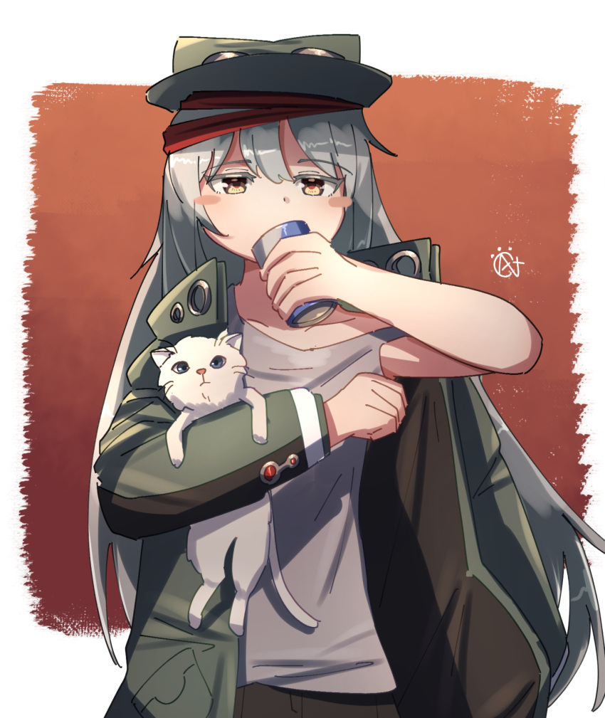1girl can carrying cat drinking expressionless g11_(girls'_frontline) girls_frontline green_headwear green_jacket grey_hair grey_shirt highres jacket long_hair long_sleeves looking_at_viewer nyanpu red_background shirt solo very_long_hair