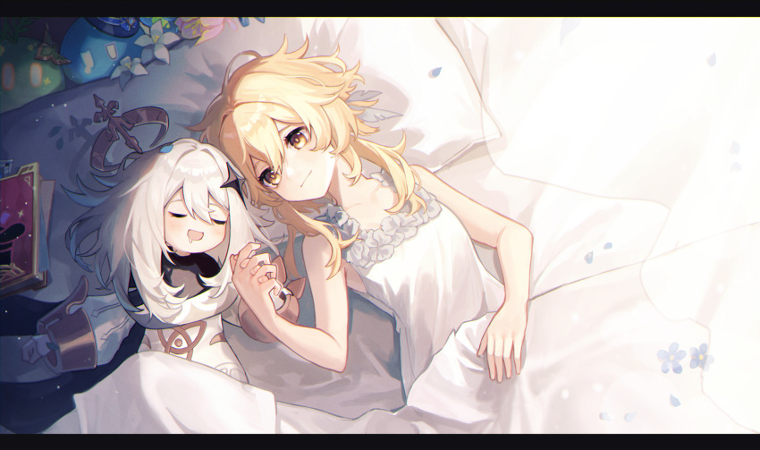 2girls blonde_hair blue_flower book camisole closed_eyes closed_mouth commentary_request drooling flower genshin_impact hair_between_eyes halo highres holding_hands kino_(m6t2a) letterboxed long_hair lumine_(genshin_impact) mechanical_halo multiple_girls on_bed open_mouth paimon_(genshin_impact) pillow slime_(genshin_impact) smile under_covers white_camisole white_flower white_hair yellow_eyes