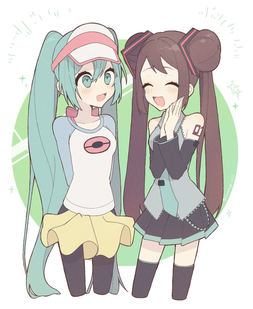 2girls :d blush bow brown_hair closed_eyes commentary_request cosplay costume_switch detached_sleeves double_bun eyelashes green_eyes green_hair green_necktie grey_shirt hair_bun hands_up happy hatsune_miku hatsune_miku_(cosplay) highres long_hair multiple_girls necktie open_mouth own_hands_together pantyhose pink_bow pleated_skirt pokemon pokemon_(game) pokemon_bw2 raglan_sleeves rosa_(pokemon) rosa_(pokemon)_(cosplay) shirt short_shorts shorts skirt sleeveless sleeveless_shirt smile sparkle sumeragi1101 thigh-highs tongue twintails visor_cap vocaloid white_headwear yellow_shorts