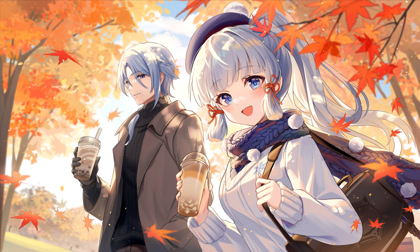 1boy 1girl :d absurdres alternate_costume autumn autumn_leaves bag beret black_bag black_gloves black_sweater blue_eyes blue_hair blue_headwear blue_scarf blunt_bangs blunt_tresses brother_and_sister brown_coat closed_mouth clouds coat commentary_request cup disposable_cup drink drinking_straw falling_leaves genshin_impact gloves hat highres holding holding_cup kamisato_ayaka kamisato_ayato lalazyt leaf light_blue_hair long_hair long_sleeves looking_at_viewer mole mole_under_eye open_mouth orange_theme ponytail scarf shoulder_bag siblings smile sweater tree upper_body white_sweater