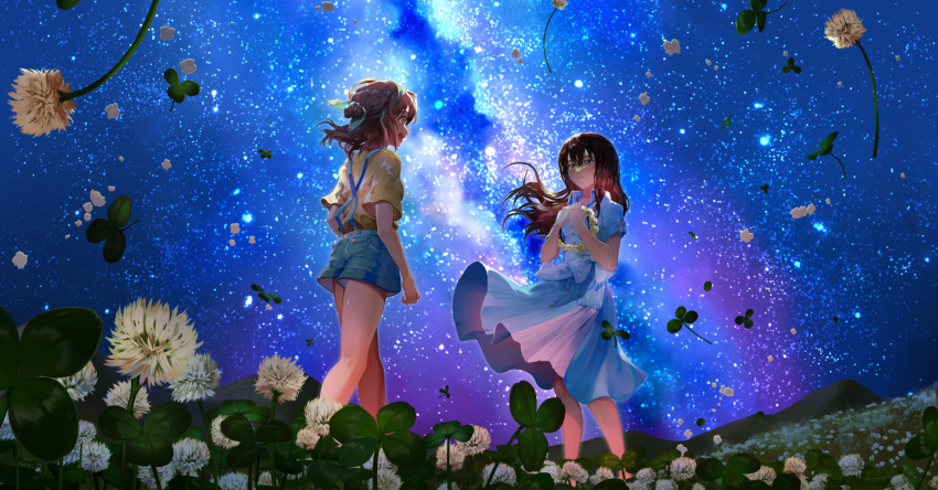 2girls blue_dress blue_eyes blue_shorts brown_eyes brown_hair character_request closed_mouth clover copyright_request dress field floating_hair flower flower_field flower_wreath four-leaf_clover hair_between_eyes hair_bun head_wreath head_wreath_removed holding long_hair mountain multiple_girls night night_sky pleated_dress saihate_(d3) shirt short_shorts short_sleeves shorts sky standing star_(sky) starry_sky suspender_shorts suspenders vocaloid white_flower yellow_shirt