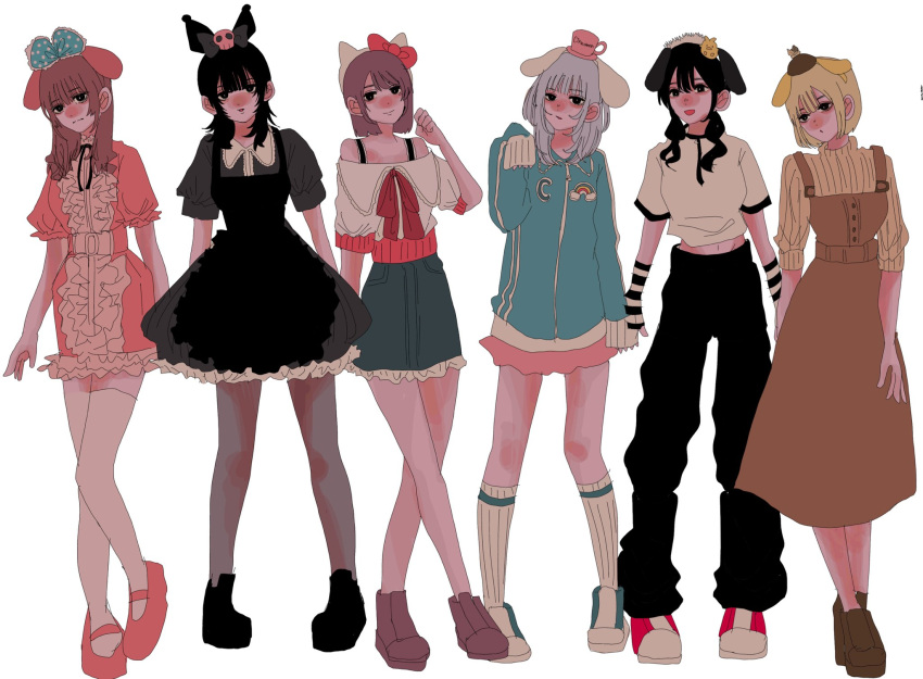 6+girls animal_ear_headwear animal_ears bare_shoulders black_bow black_dress black_footwear black_hair black_pants blonde_hair bow brown_sweater cat_ear_hairband copyright_request denim denim_skirt dog_ears dress fingerless_gloves frilled_dress frills full_body gloves grey_pantyhose hair_bow head_tilt highres jersey kneehighs looking_at_viewer mary_janes medium_hair midriff multiple_girls open_mouth oversized_clothes pants pantyhose pink_dress pink_footwear puffy_sleeves red_bow shoes short_hair simple_background skirt sneakers socks standing standing_on_one_leg striped striped_gloves sweater white_background yuzuha_takamura