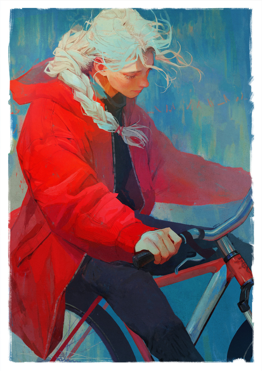 1boy androgynous bicycle black_pants black_shirt blonde_hair blue_background border braid closed_eyes closed_mouth edward_elric fullmetal_alchemist highres hood hooded_jacket jacket juiche long_hair long_sleeves male_focus open_clothes open_jacket pants red_jacket shirt single_braid solo white_border