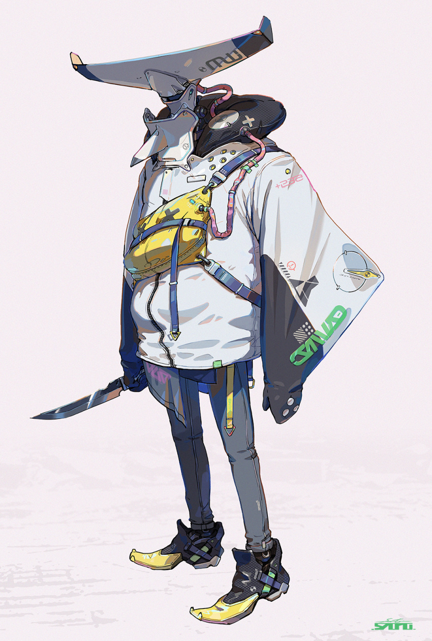 bag black_footwear clothing_request coat esuthio full_body grey_pants highres holding holding_knife jacket knife original pants robot simple_background standing two-tone_footwear white_background white_jacket yellow_footwear