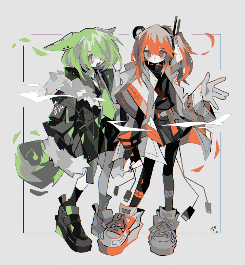 2girls :3 a.i._voice absurdres adachi_rei alternate_costume asagina_gi belt black_coat black_footwear black_gloves black_shirt black_socks blush_stickers cable coat collared_shirt commentary_request cross-laced_footwear fang fingerless_gloves full_body fur_trim gloves green_hair green_necktie grey_gloves hair_between_eyes hair_over_one_eye hair_ribbon headlamp highres jacket leggings long_hair long_sleeves looking_at_another looking_at_viewer low_ponytail multiple_girls necktie one_side_up open_clothes open_coat open_jacket open_mouth orange_eyes orange_hair oversized_clothes piercing pleated_skirt radio_antenna ribbon shirt shoes single_fingerless_glove skirt socks turtleneck usb utau very_long_hair voicevox white_ribbon white_shirt yellow_eyes zundamon