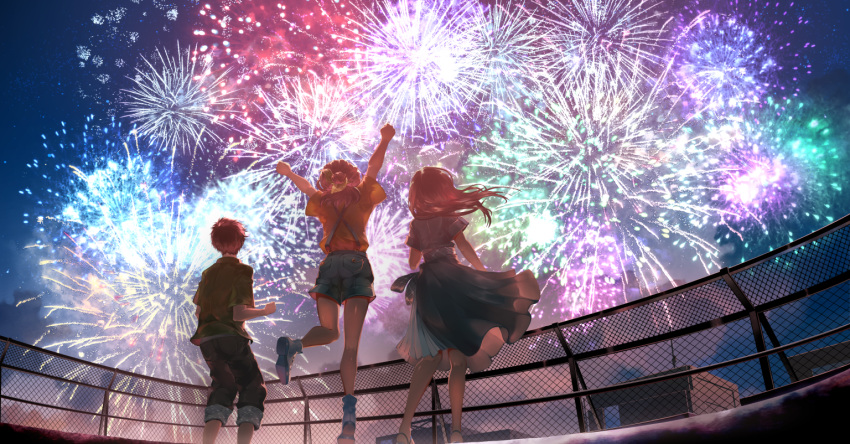 1boy 2girls aerial_fireworks black_pants blue_dress blue_shorts brown_hair chain-link_fence character_request copyright_request dress facing_away fence fireworks floating_hair green_shirt hair_bun long_hair multiple_girls night night_sky outdoors pants pleated_dress rooftop saihate_(d3) shirt short_sleeves shorts sky standing standing_on_one_leg suspender_shorts suspenders vocaloid yellow_shirt
