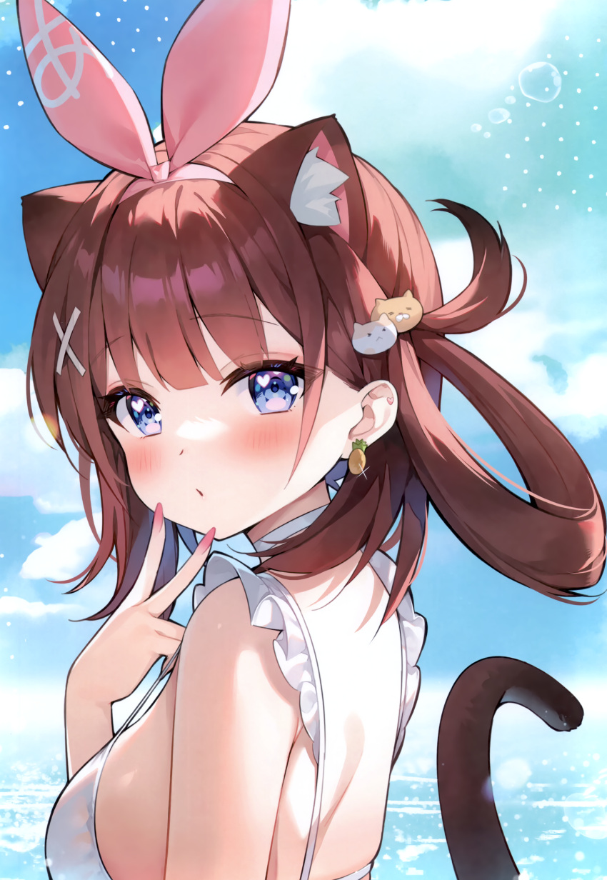 1girl absurdres animal_ears ayamy bare_shoulders blue_eyes blue_sky breasts brown_hair cat_girl cat_tail closed_mouth clouds cloudy_sky earrings fingernails from_behind hair_ornament hairclip hand_up highres hololive jewelry looking_at_viewer looking_back medium_breasts outdoors scan simple_background sky sleeveless solo tail upper_body virtual_youtuber x_hair_ornament