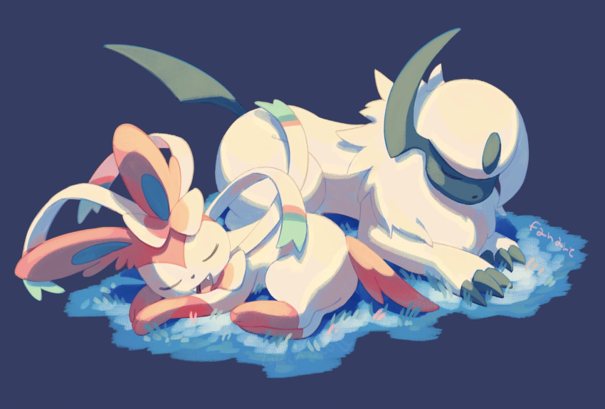 :d absol claws closed_eyes commentary fangs grass highres lying no_humans open_mouth pokemon pokemon_(creature) sleeping smile sylveon symbol-only_commentary torinoko_(miiko_draw)