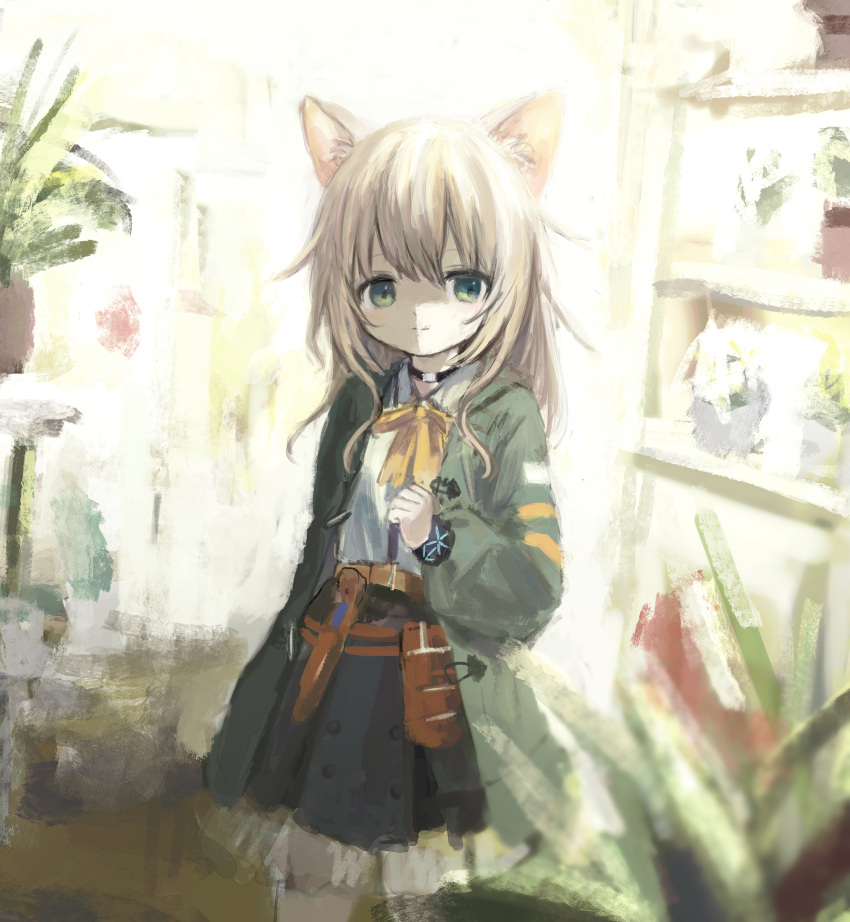 1girl animal_ear_fluff animal_ears arikomen arknights black_choker black_skirt black_wristband blonde_hair bow bowtie choker closed_mouth coat commentary_request cowboy_shot dog_ears dog_girl green_coat green_eyes highres infection_monitor_(arknights) long_hair long_sleeves looking_at_viewer miniskirt podenco_(arknights) puffy_long_sleeves puffy_sleeves shirt skirt solo white_shirt yellow_bow yellow_bowtie