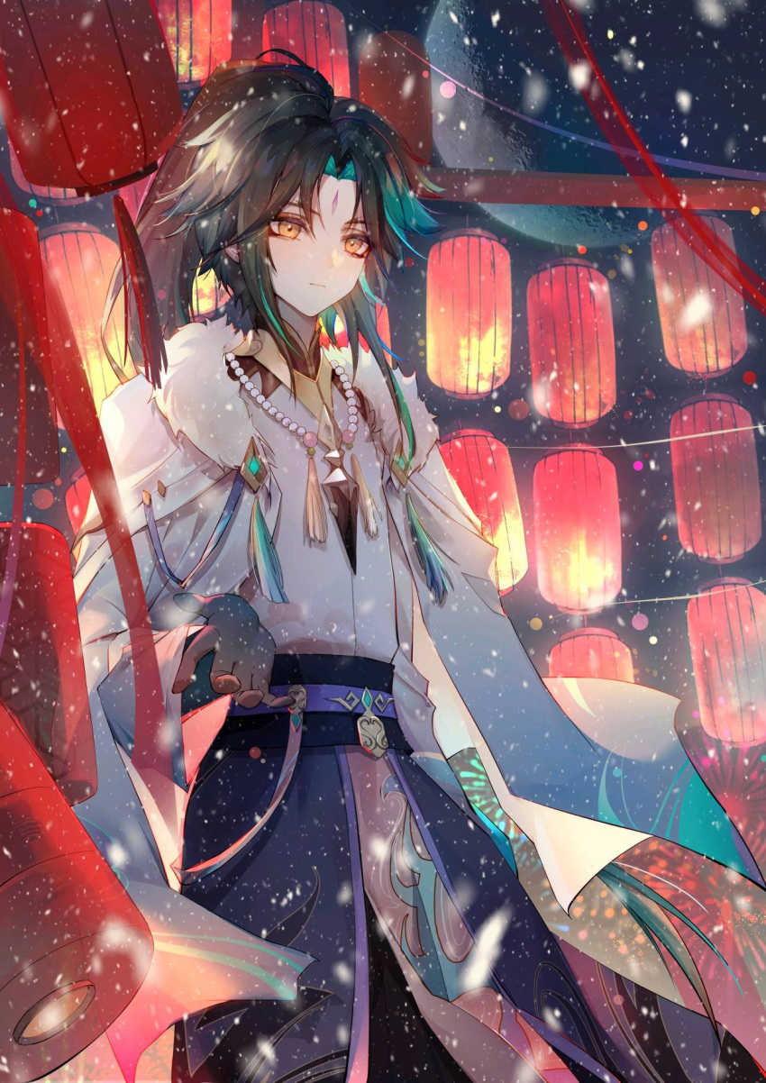 1boy ahoge aqua_hair belt black_hair blue_pants blue_sky chinese_commentary closed_mouth coat commentary_request confetti eyeshadow facial_mark forehead_mark fur-trimmed_coat fur_trim genshin_impact gloves gold_trim gradient_sky grey_gloves hair_between_eyes hand_up highres jewelry lantern long_sleeves looking_at_viewer makeup male_focus mandarin_collar moon multicolored_hair ncheng11good necklace night night_sky open_clothes open_coat orange_eyes outdoors pants paper_lantern parted_bangs pearl_necklace purple_belt red_eyeshadow shirt short_hair sidelocks sky smile snowing solo standing tassel two-tone_hair white_coat white_shirt wide_sleeves winter xiao_(genshin_impact)