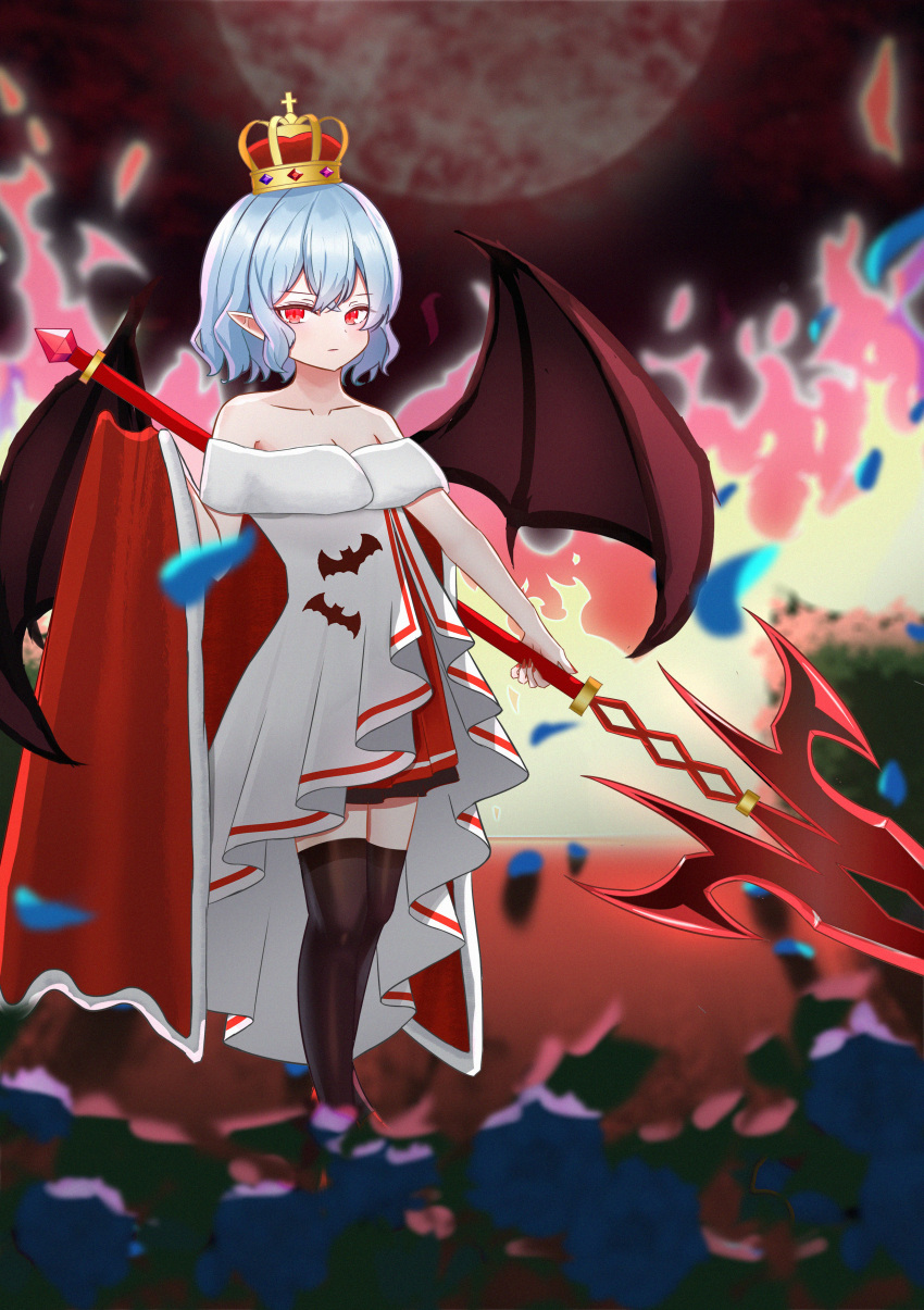 1girl absurdres alternate_costume bat_wings black_thighhighs blue_hair commentary_request crown dress full_body full_moon highres holding holding_weapon light_blue_hair linuslinus920423 looking_at_viewer moon outdoors pointy_ears red_eyes remilia_scarlet short_hair solo spear_the_gungnir standing strapless strapless_dress thigh-highs touhou weapon white_dress wings