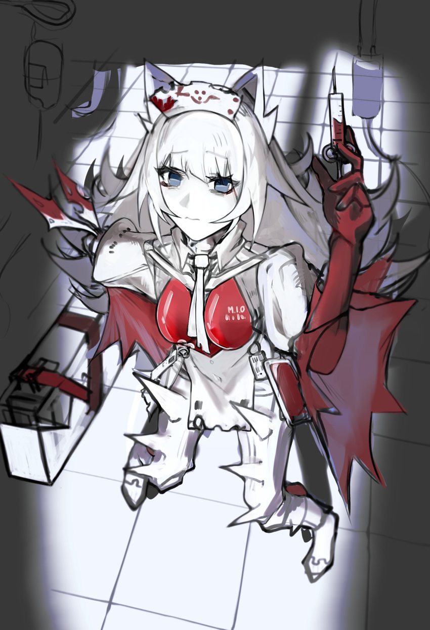 1girl alternate_breast_size animal_ears closed_mouth fake_animal_ears grey_eyes grey_hair hat highres holding holding_needle long_hair looking_at_viewer mi0_nee necktie needle no.21_(punishing:_gray_raven) nurse_cap punishing:_gray_raven shirt sidelocks solo spiked_pants white_necktie white_shirt wolf_ears