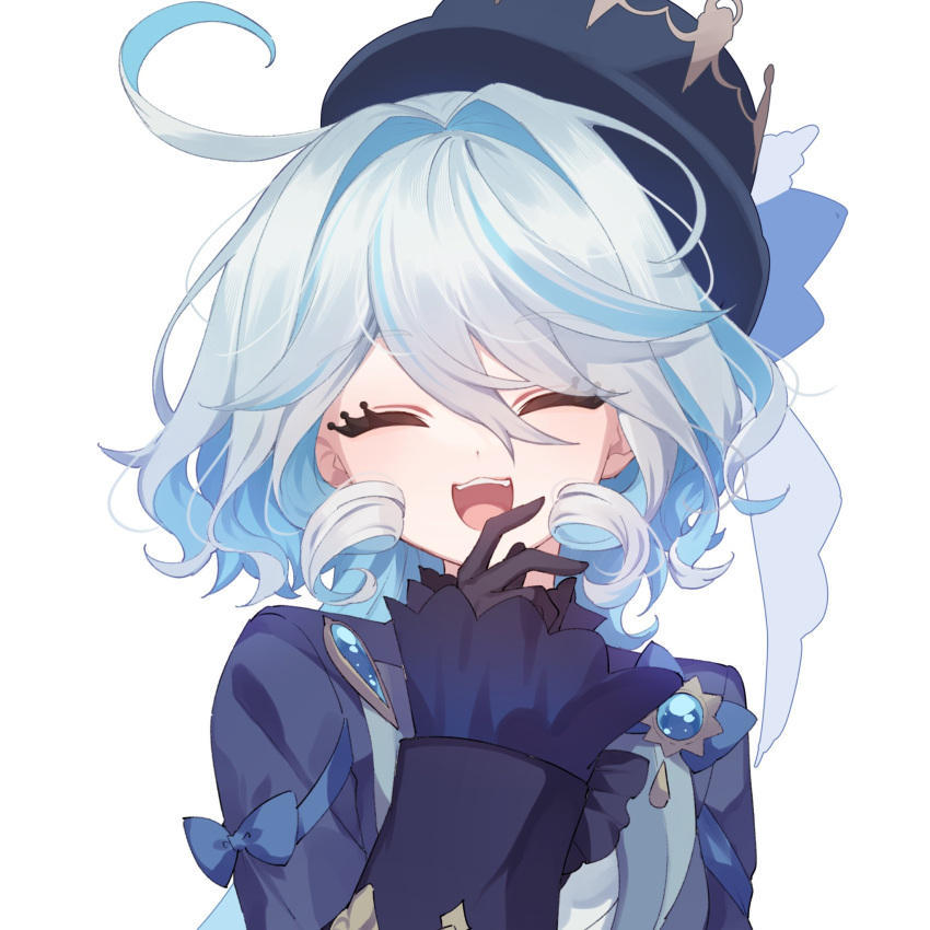 1girl antenna_hair ascot black_gloves blue_ascot blue_bow blue_brooch blue_coat blue_hair blue_headwear bow closed_eyes coat coat_bow dot_nose furina_(genshin_impact) furrowed_brow genshin_impact gloves hair_intakes hand_up hat highres light_blue_hair long_hair long_sleeves looking_at_viewer mochizuki_mochi multicolored_hair ojou-sama_pose open_clothes open_coat open_mouth shirt short_shorts shorts simple_background smile solo teeth top_hat two-tone_hair upper_body upper_teeth_only very_long_hair wavy_hair wavy_mouth white_background white_gloves white_shirt white_shorts